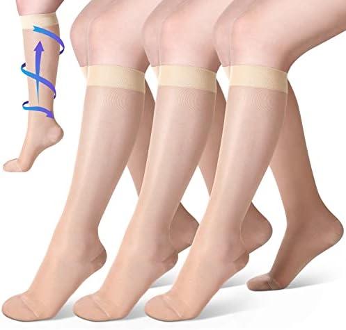 Shellwei 3 Pairs Sheer Compression Socks 20-30 Mmhg Knee High Compression Stockings Support Hose for Women L