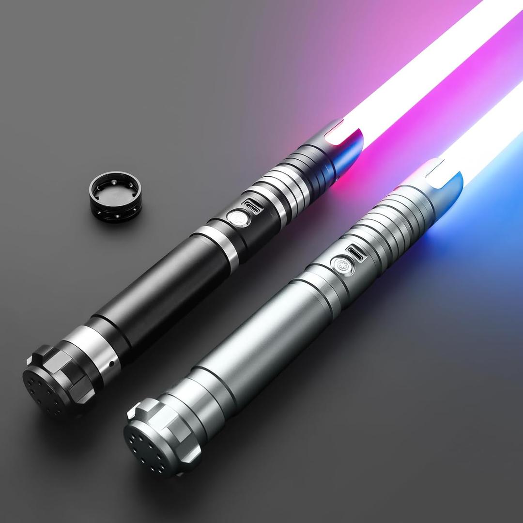 DAMIENSABER 2 Pack 4 Sound Fonts Light Sabers, RGB Heavy Dueling Light Sabers 12 Colors Changing for Adults, Volume Adjustable Metal Hilt Light Saber with Black Connector (RGB- 4 Fonts, 1:black+grey)