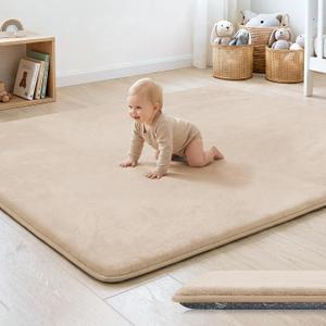 1.3" Thick Baby Floor Play Mat 79x158, Basic Padded Foam Mat for Tummy Time Crawling, Non Slip Cushioned for Babies Toddlers Infants Kids (Beige)