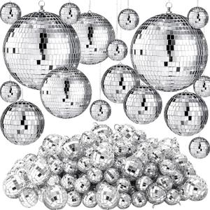 Hoolerry 200 Pcs Mini Mirror Disco Ball Ornaments Mardi Gras Small Silver Hanging Decorations Reflective Tiny Balls Bulk for 70s 80s 90s Disco Party, Birthday(8'', 6'', 4'', 3'', 2,'' 1'')