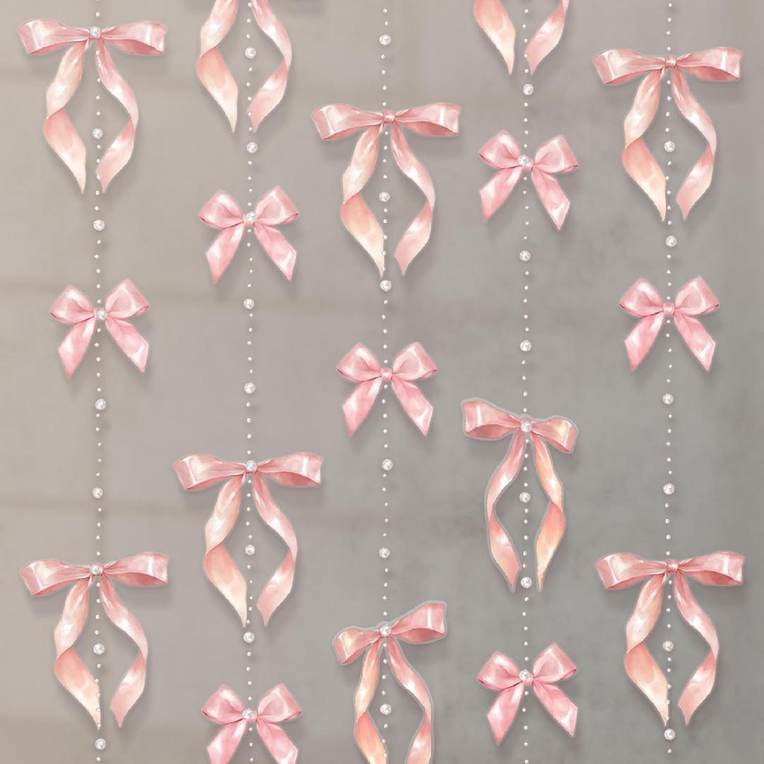 Cheerland Pink Bow Birthday Decorations with Hanging Pearl Pink Bow Party Girl Baby Shower Photo Backdrop Streamers Cute Bachelorette Party Girly Coquette Themed Girls Room Decor 1st Bday Supplies