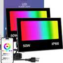 LED Flood Light Outdoor, 50W RGB Color Changing Smart Floodlights 2700K 5000LM Warm White & 16 Million Colors, RGBW Stage Lights with APP Control, 43 Modes, Grouping, Timing, IP66 Waterproof (2 Pack)