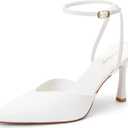 Miorap Closed Pointed Toe Kitten Slingback Heels for Women Ankle Strap Pumps Wedding Party Dressy Comfort Shoes White Size 9