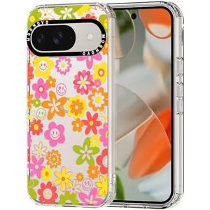 MOSNOVO Case for Google Pixel 9 & Pixel 9 Pro, [Buffertech 6.6ft Military-Grade Drop Protection] [Anti Peel Off Tech] Clear TPU Bumper Phone Case Cover Design - 70's Groovy Floral