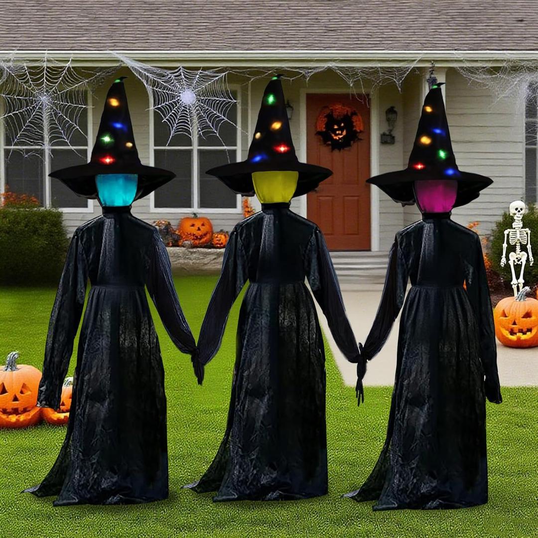 Halloween Decorations Outdoor, Set of 3 Witches with Glowing Witch Hat, 4FT Light-UP Sound-Activated Sensor Life Size Witch with LED Light, Scary for Yard Haunted House