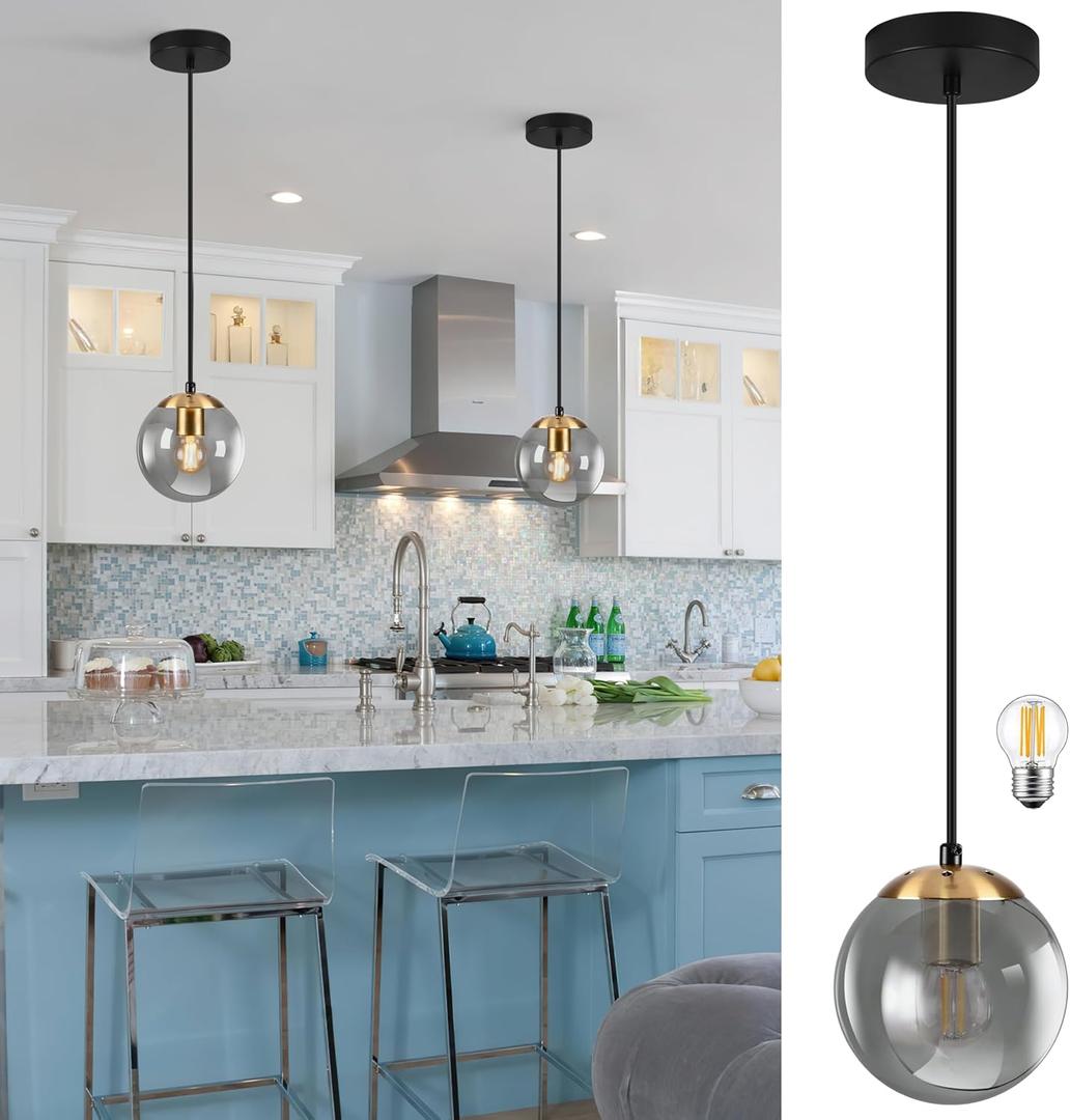 KoKo&Yukina 6 Inch Globe Pendant Light Gold Globe Pendant Lights Kitchen Island Mid Century Light Fixture with Grey Glass Shade for Dining Room (Ash Gray & Gold)