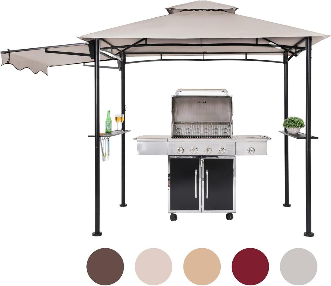 FAB BASED 5x8 Grill Gazebo, All-Weather Steel Construction, Double Tiered & Resistance Canopy Roof, Metal Serving Shelves, 2 LED and Bottle Opener for Patio, Backyard, BBQ (Light Gray)