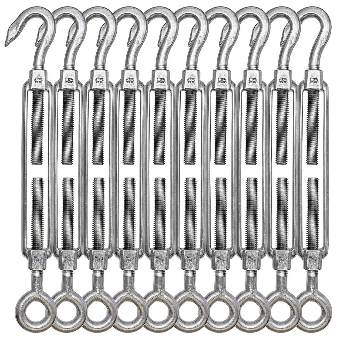 TooTaci 10PCS M8 Turnbuckle 304 Stainless Steel Turnbuckle Hook and Eye, Heavy Duty M6 M8 M10 Tensioner Adjustable Shade Sail Hardware for Cables Wire 3/16" 1/4" 5/16" /3/8", Trampoline, Tent, Tarps