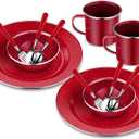 Nuogo 12 Pcs Enamel Camping Tableware Set Dinnerware Kit Includes 12 oz Coffee Mugs Camping Plates Bowls and Utensils Set with Knife Fork Spoon for 2 People Hiking Picnic Outdoor (Red)