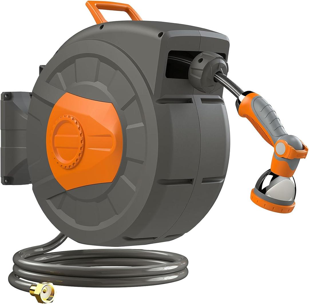Retractable Garden Hose Reel 100 FT, 1/2" Heavy Duty Garden Hose 435 PSI Burst Pressure, Wall Mounted Water Hose Reel with 10-Pattern Nozzle, 180 Swivel, Slow Auto Rewind & Any Length Lock
