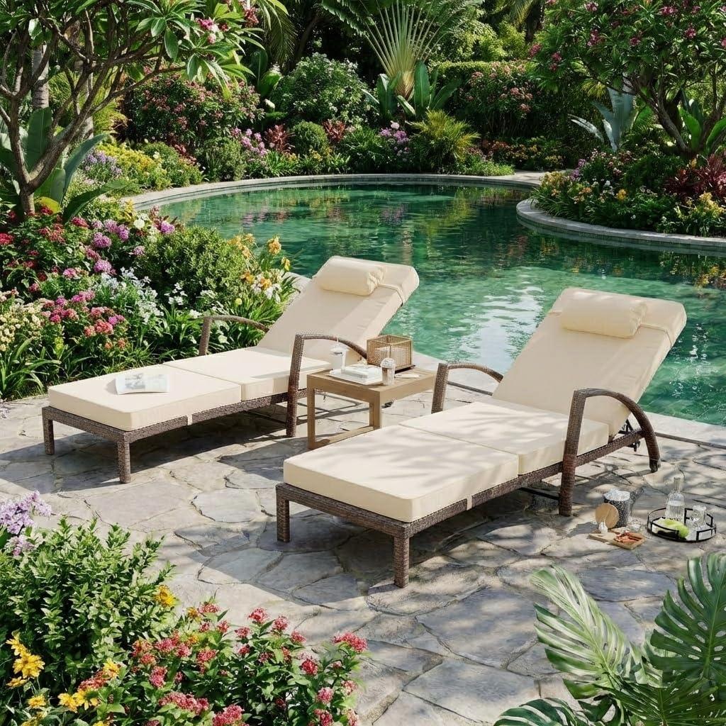 Garvee Outdoor Chaise Lounge Set of 2, 5-Position Adjustable PE Wicker Reclining Chairs with Wheels & 3.5" Cushions, 400 lbs Capacity All-Weather Patio Furniture for Poolside, Garden, Beach(Beige), 2pcs