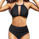 Tempt Me Women Two Piece High Waisted Bikini Swimsuit Ruched Tummy Control Bottoms Keyhole Bathing Suits Size Large