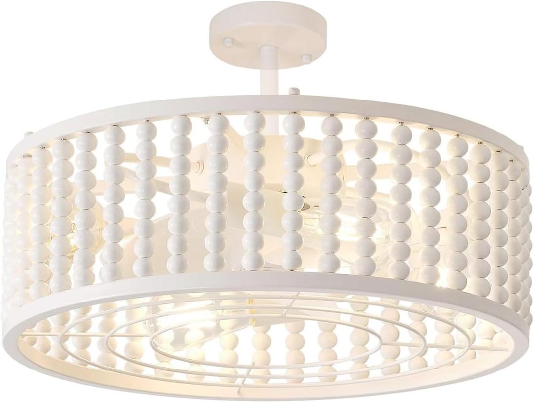 Ceiling Fans with Lights and Remote - Bulbs Included, Caged Fandelier with Handcrafted Beaded Dcor 19 inches Reversible Flat and Angled Ceiling Installation, White