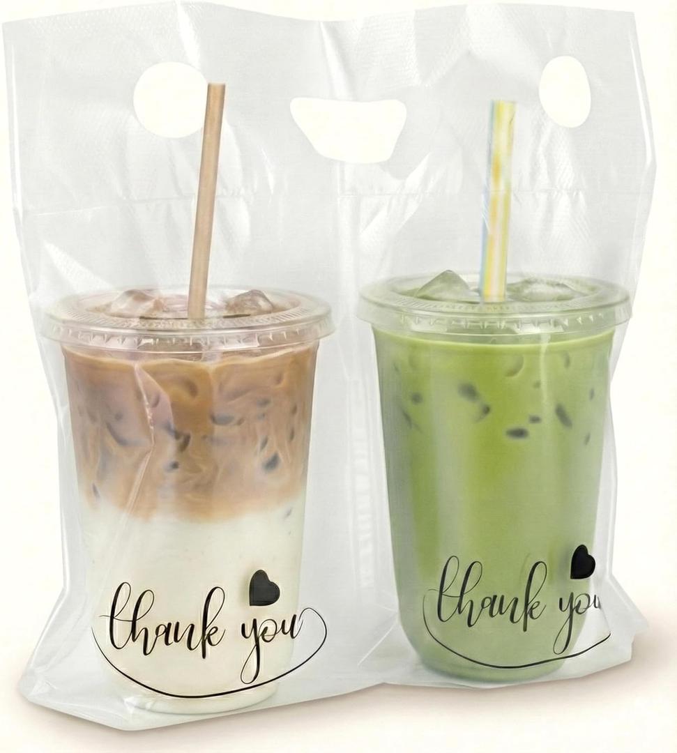 Drink Carrier Bag - 100pcs 2 Cup Carrier with Handle for Delivery Drivers - 32oz Cup Holder Bag for Beverages - Plastic Drink Bags for Food Delivery