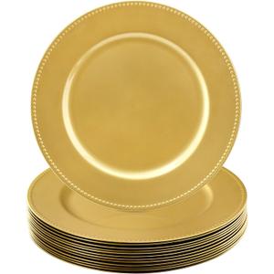 Okllen 12 Pack Plastic Gold Charger Plates, 13" Round Beaded Decorative Dinner Chargers for Wedding, Catering Event, Tabletop Decor