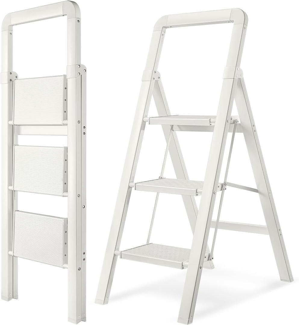 Step Ladder Folding Ladders (3 Steps, Pure White)