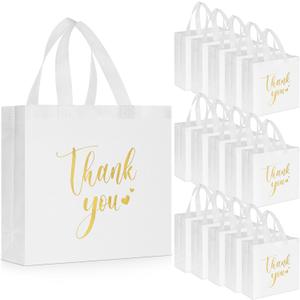 Sweetude 30 Pcs Thank You Gift Bags with Handles, Reusable Non Woven Foldable Goodie Bags Bulk for Graduation Easter Wedding Bridesmaid Favors(11 x 12 x 5 Inch,White)