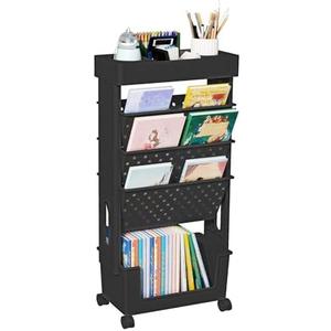 YEMUNY 5 Tier Rolling Utility Cart Multi-Functional Movable Storage Book Shelves with Lockable Casters for Study Office Kitchen Classroom, Black