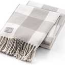 Mellowdy Classic Checkered Blanket - Faux Cashmere Plaid Throw with Fringe - Soft Woven, Lightweight, Farmhouse, Vintage Inspired Décor for Couch, Chair, Office (Light Grey, 50x60)