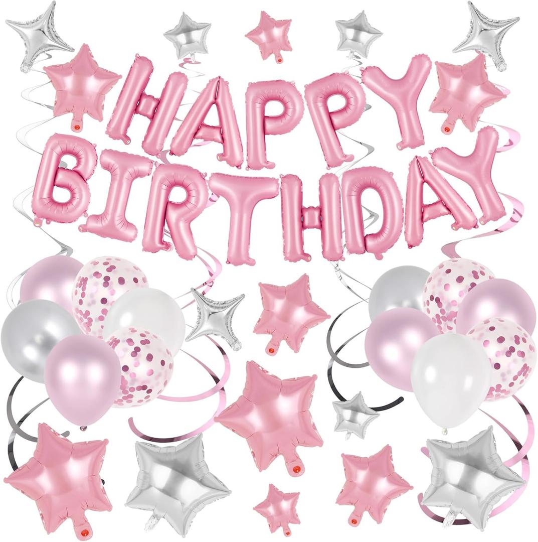 55 Pcs Happy Birthday Balloons Letters Banner with 35 Pcs Star Foil Balloon, 20 Pcs Latex Balloons, 6 Hanging Swirls for Women Men Boys Girls Birthday Party Decorations Set  (Pink)