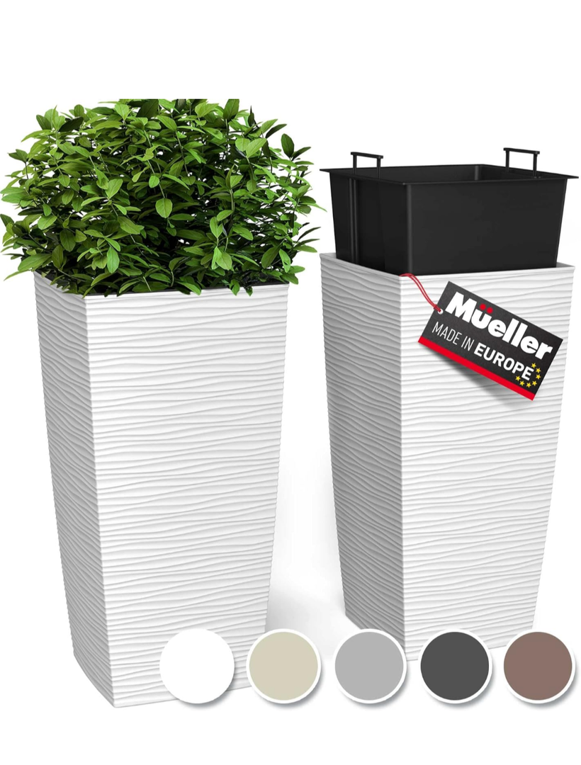 Mueller M-Resin Heavy Duty Tall Planters for Outdoor Plants, Indoor Grande Plant Pots, Boxes, Trees, Flower Pots, 2-Piece Set, 18”, Modern Design, Built-in Drainage, Front Porch Decor, White