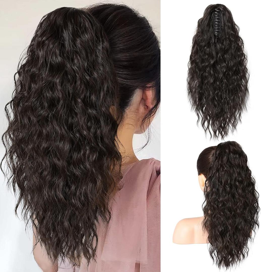 SEIKEA 18" Ponytail Extension Claw, PT002 Tia Long Multi Layered Hair FluffyThick Wavy Curly Clip in Hair Extensions Ponytail Natural Soft Synthetic Hairpiece for Women Black Brown