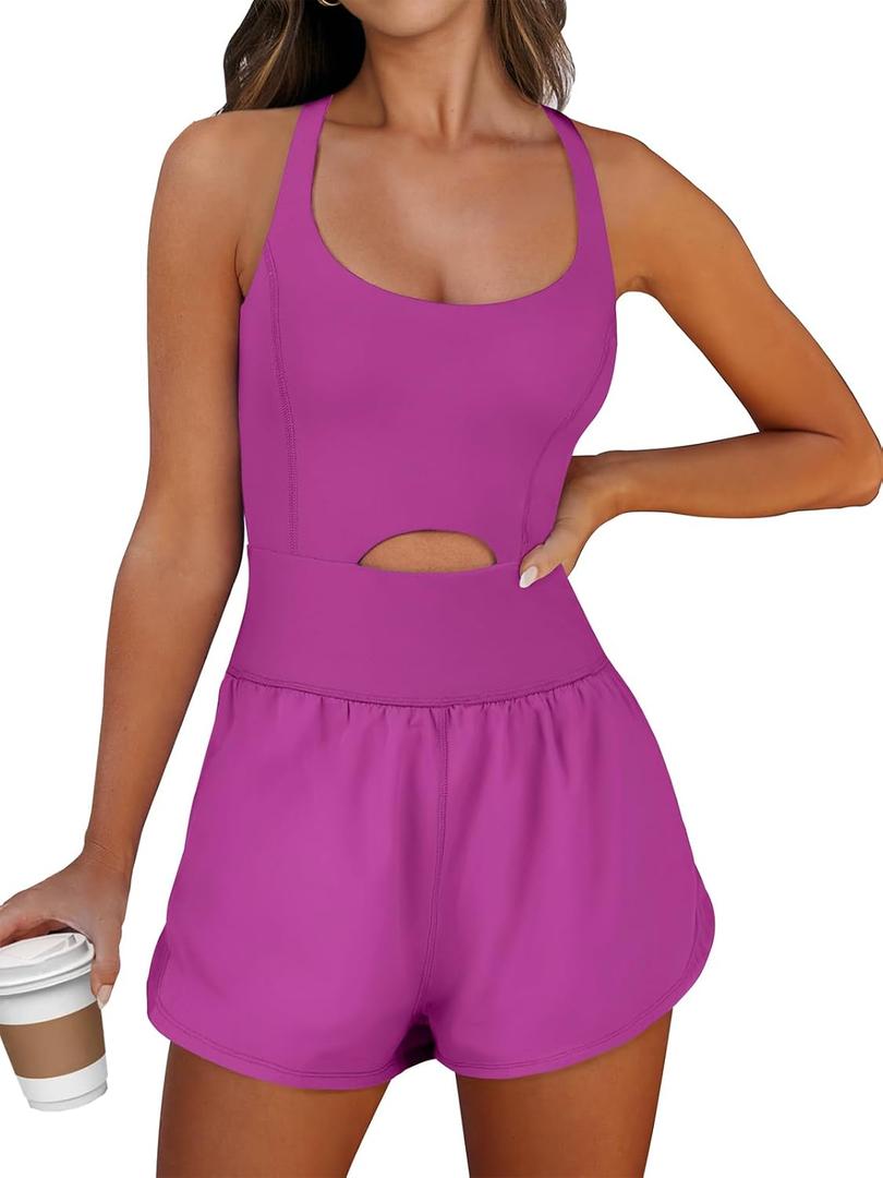 Caracilia Women's Workout Athletic Romper Summer Sets Short Jumpsuits Onesie Running Outfits Exercise Gym 2025 Trendy Clothes (Large)