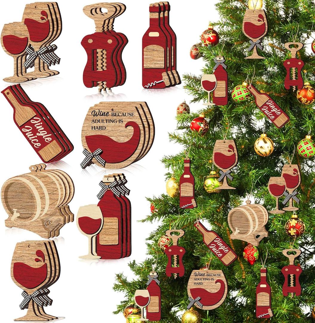 24 Pcs Christmas Ornaments for Tree Wooden Retro Red Bottle Hanging Decorations for Home Xmas Tree Party Favor Window Vase