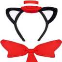 HIPIHOM Cat Ears Headband with Hat Red and White Striped Hat and Bow Tie Set Cat and Hat Costume Headwear Accessories for Women Men Halloween Party Favors