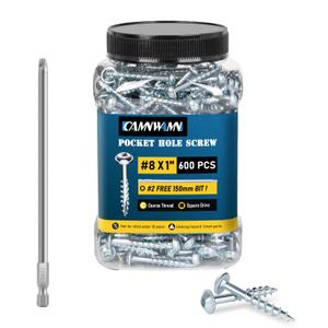 600Pcs #8 x 1 Inch Pocket Hole Screws, Interior Pocket Screw, Zinc Coated, Coarse Thread, Square Drive Washer Head, 150MM Drive Bit Included.