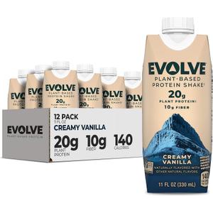 Evolve Plant Based Protein Shake, Vanilla Bean, 20g Vegan Protein, Dairy Free, No Artificial Sweeteners, Non-GMO, 10g Fiber, 11 Fl Oz (Pack of 12) (Formula May Vary) (EXP 09/23/26)