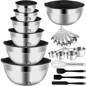 Mixing Bowls Set, 27PCS Stainless Steel Mixing Bowl with Lid Set, Large Nesting Bowls 7, 4.5, 3, 2.5, 2, 1.5QT, Measuring Cups and Spoons Baking Utensils Metal Bowl for Kitchen Prep