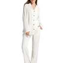 Womens Muslin Pajama Set 100% Cotton Double Gauze Linen Like | Breathable Soft Comfort Button Up Loungewear Sleepwear PJ Set Size M