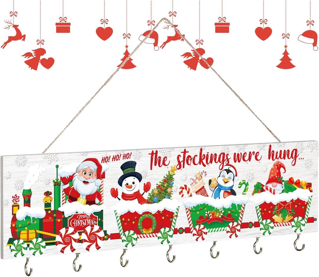 Maitys Christmas Stocking Organizer with 7 Hangers Wooden Sign Xmas Mantel Snowmen Wall Mount Hanging Hooks for Wall Mantel