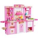 VEVOR Kids Kitchen Playset, 3-in-1 Toddler Kitchen with Simulated Spray, Sounds and Lights, Play Kitchen Set with 74 PCS Cooking Accessory Set for Toddlers, Preschoolers, Children Ages 3-8, Pink