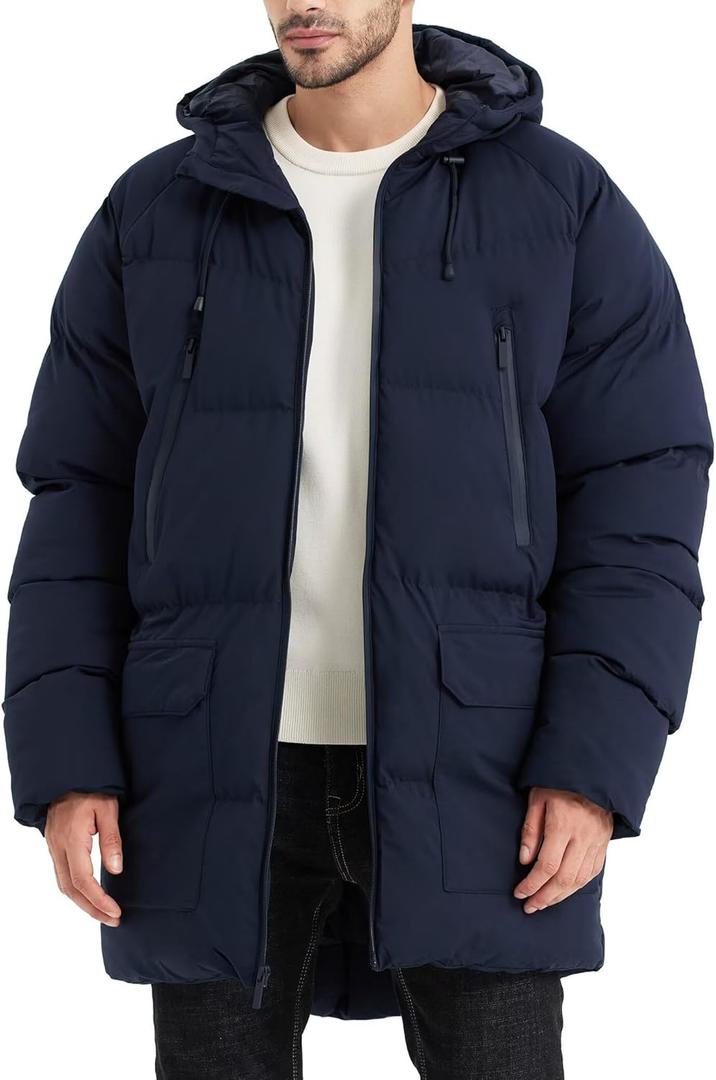 Men's Long Winter Coat Hooded Warm Quilted Jacket Water-resistant Cold Weather Parka (4X-Large, Navy)