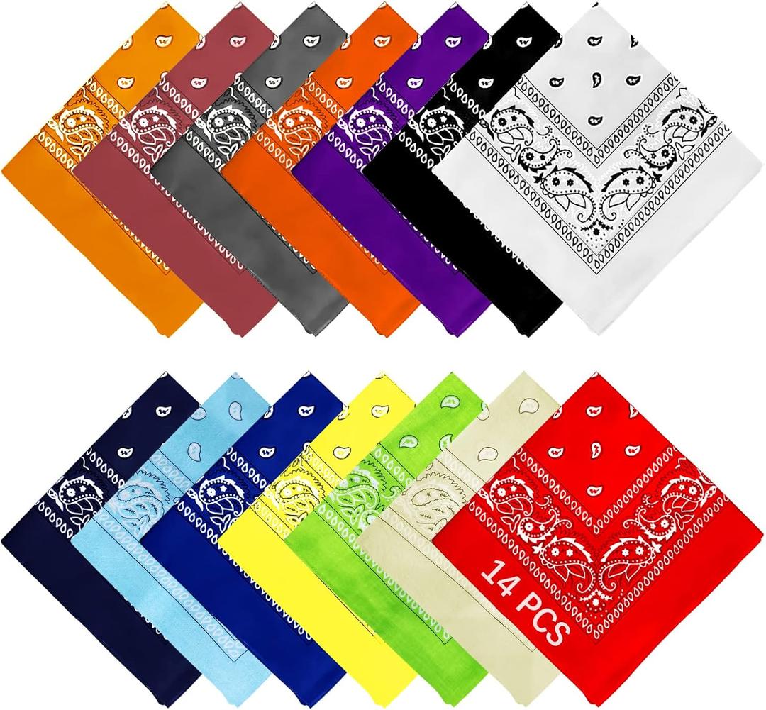 AURUZA 12-44pcs Bandanas for Men Women Paisley Large Bandana Black Red White Head Wrap Headbands Cowboy Handkerchief (14pcs)