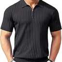 AGTCARE Men's Polo Shirts Short Sleeve T Shirts Ribbed Knit Zipper Polo Shirts Fashion Casual Golf Tee Black, M