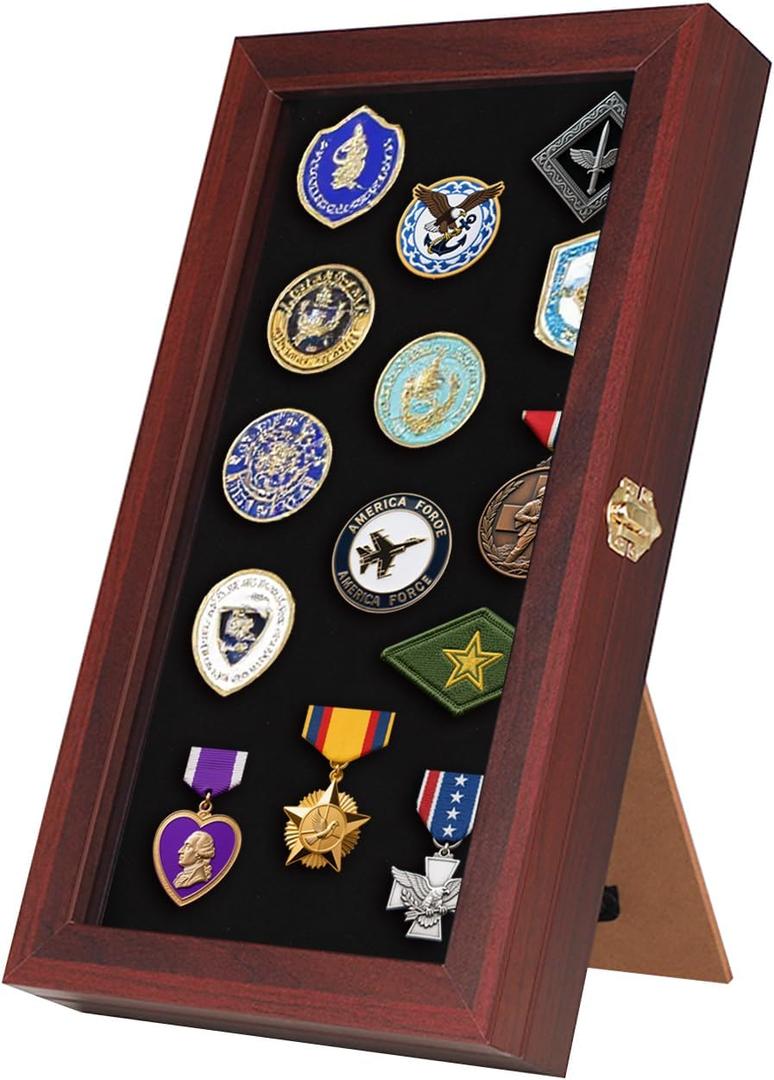 Verani 8.5 x15 Pin Display Case with Real Glass Door Frame Bracket for Military Medals, Beach Tags, Jewelry Pins, Pin Gift, Insignia Ribbons, Pin Enthusiast Collectibles, Mahogany