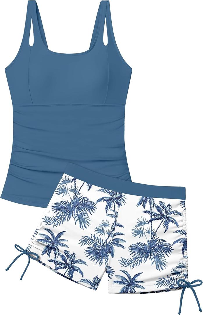 Girls Tankini Swimsuit 2 Piece Bathing Suits for Girls Square Collar Swim Tank Top and Drawstring Bottoms for 17-18Y
