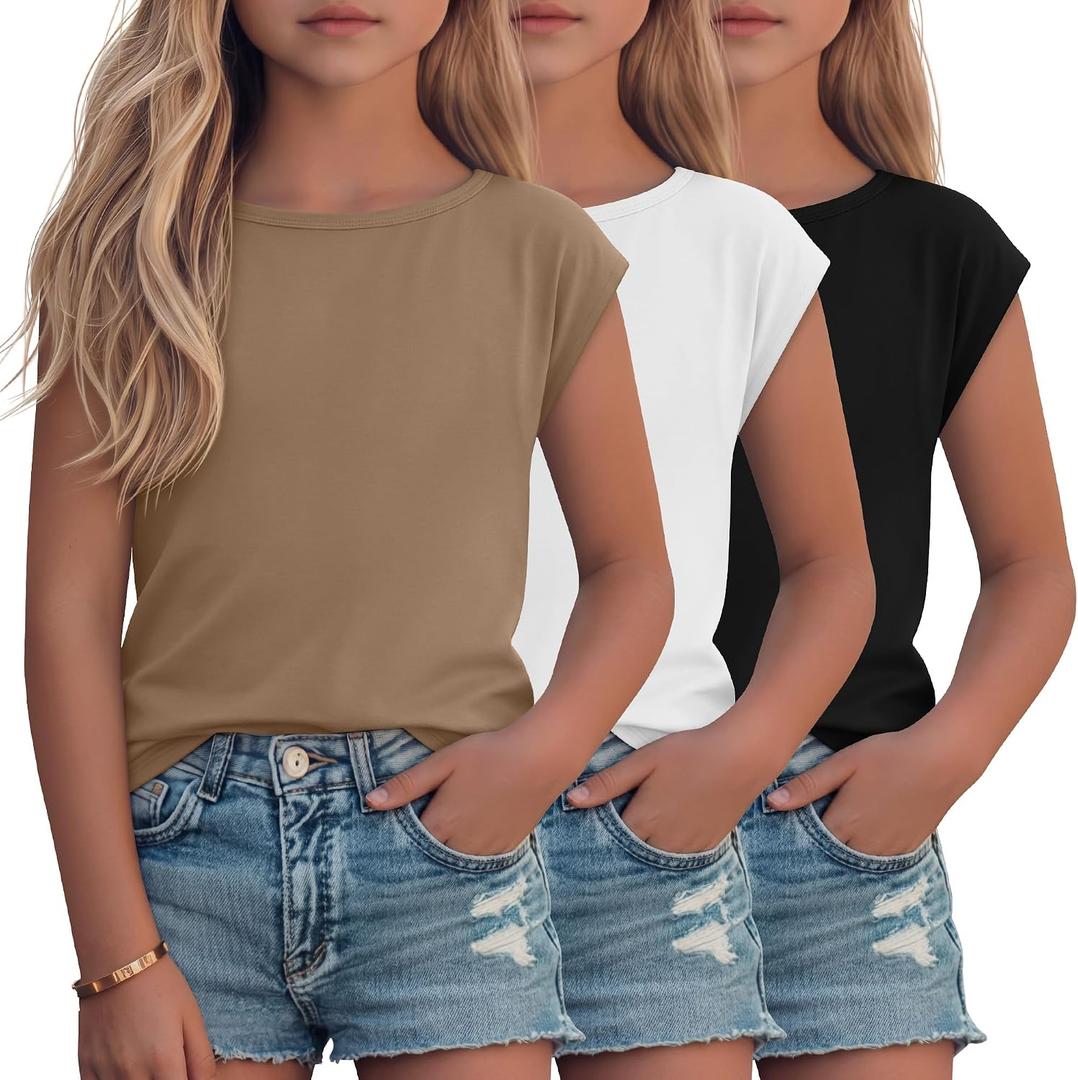 Oakgarden 3 Pack Girls' Cap Sleeve Shirts | Kids, Summer, Boat Neck, Loose Fit, Tops, Casual, Basic, Solid, Cute Tees, 5-14 Years