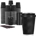Lamosi 12 oz Disposable Coffee Cups with Lids, 50 Pack Insulated Hot Cups To Go Paper Coffee Cups with Lids and Straws, Corrugated Ripple Wall Cup for Hot Drink, Office, Coffee Bar (Black)