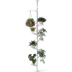 Hershii 7-Layer Tension Pole Plant Stand Indoor Decorative Display Rack Stands for Flower Pots Floor to Ceiling Adjustable Hanging Corner Shelf (6 Trays & 1 Hook, Ivory)