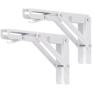 YUMORE Folding Shelf Brackets, 8 Inch Heavy Duty Collapsible Shelf Bracket, DIY L Bracket for Workbench Folding Table Hinge, Max Load: 300lb, White, 2 Pack