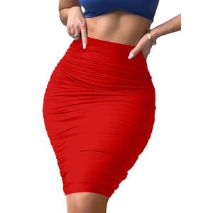 Eoeoo Women's Elastic High Waist Ruched Bodycon Stretch Elegant Pencil Midi Skirt Red Small