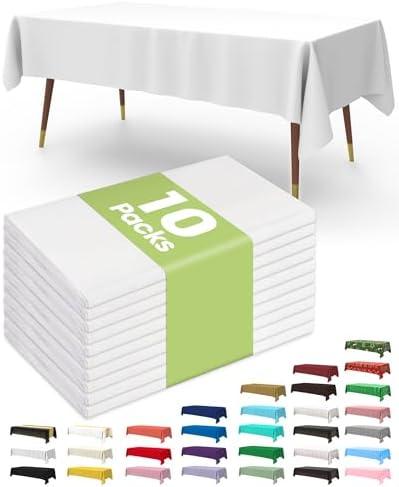 Pureegg Plastic Table Cloth Disposable 10 Pack, 54 x 108 Inch Table Cloths, Party, Picnic, Wedding, Decorative Tablecloths, Rectangle, White Plastic Cover, Leakproof & Sturdy, White