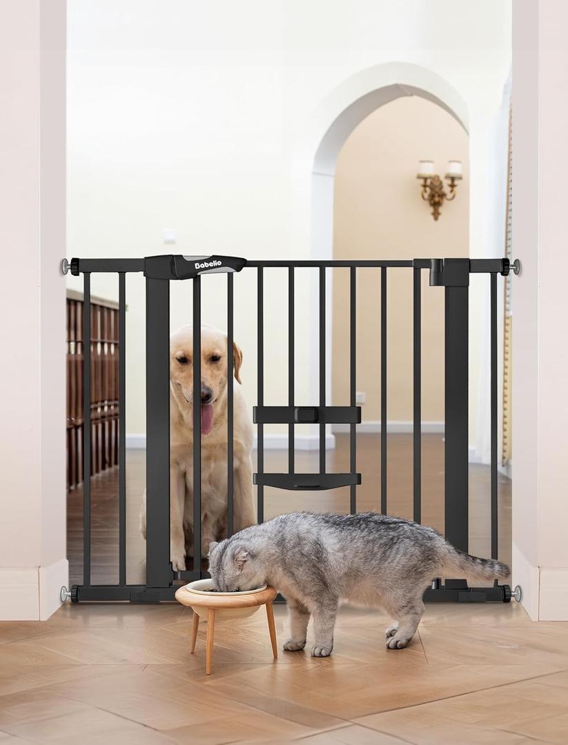 Babelio New Version Baby Gate with Cat Door Adjustable, 29-40" Metal Pet Door for Stairs & Doorways, Pressure Mounted, No Tools Needed, Black (29-40" Wide, 30" Tall)