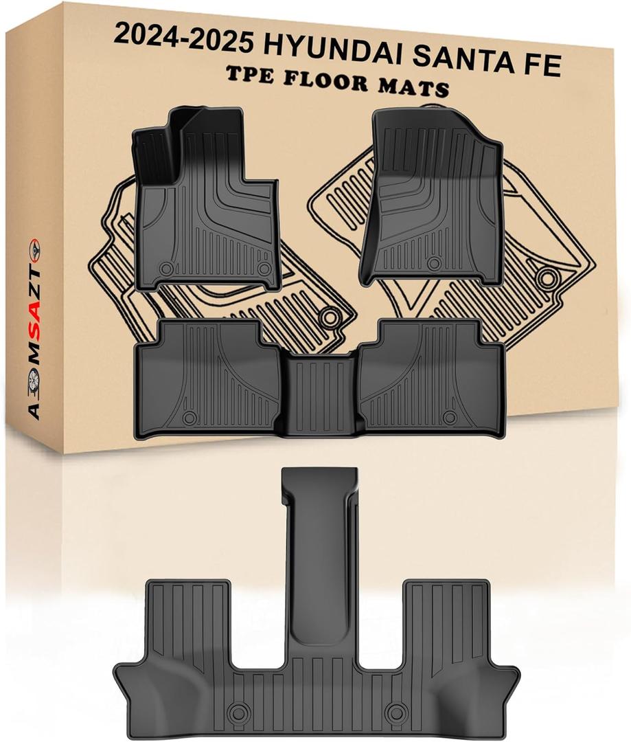 AOMSAZTO Floor Mats Fit for 2024 2025 Hyundai Santa fe (Not for Hybrid) - All Weather TPE Waterproof Anti-Slip Floor Liner 3Row - Car Mats for 2025 2024 Santa fe Fuel Accessories Black