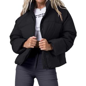 Women's Winter Cropped Puffer Jacket 2023 Long Sleeve Lightweight Zip Short Jacket Coat with Pockets (X-Large, Black)