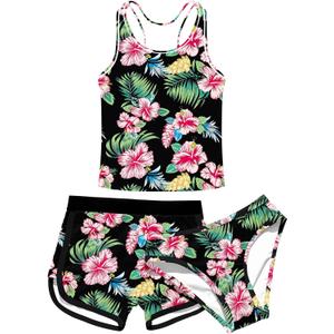 Uideazone Girls 3 Piece Bathing Suit Summer UPF 50+ Racerback Swimsuit with Shorts Beach Tankini Sets 11-12 Years